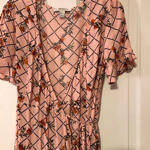 Floral grid ruffle wrap dress